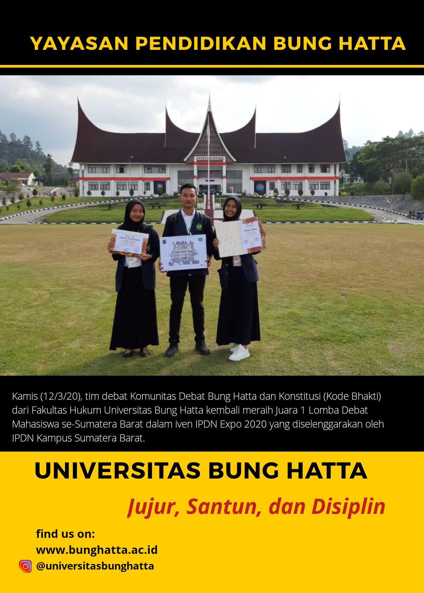 Kode Bhakti Fakultas Hukum Universitas Bung Hatta Raih Juara I Lomba Debat se-Sumatra Barat