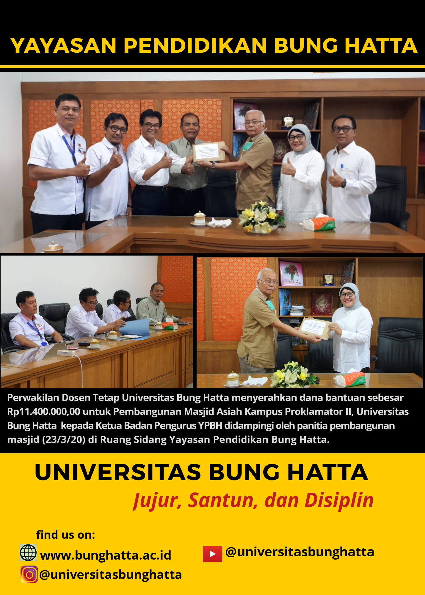 Perwakilan Dosen Tetap Universitas Bung Hatta Serahkan Dana Bantuan Pembangunan Masjid Asiah Kampus Proklamator II