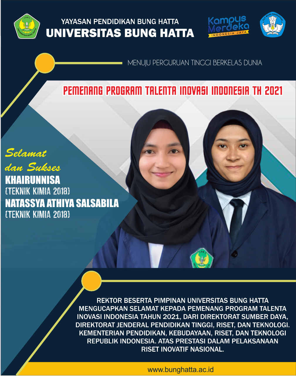 Dua Mahasiswa Universitas Bung Hatta Pemenang Program Talenta Inovasi Indonesia 2021