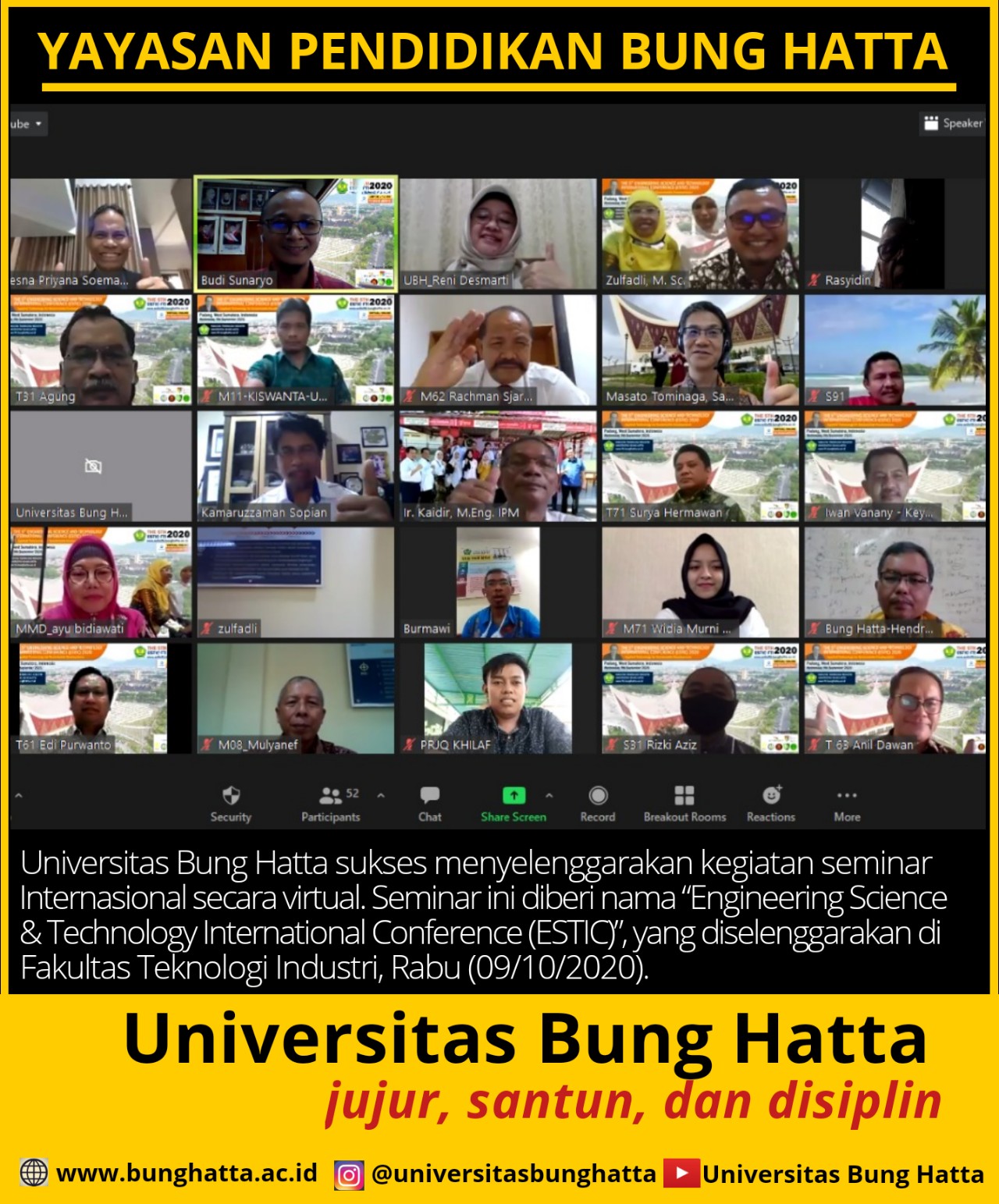 Universitas Bung Hatta Sukses Selenggarakan Seminar Internasional Secara Virtual