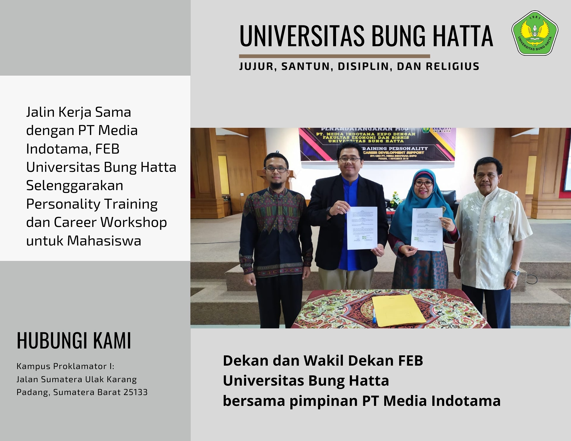 Jalin Kerja Sama dengan PT Media Indotama, FEB Universitas Bung Hatta Selenggarakan Personality Training dan Career Workshop untuk Mahasiswa