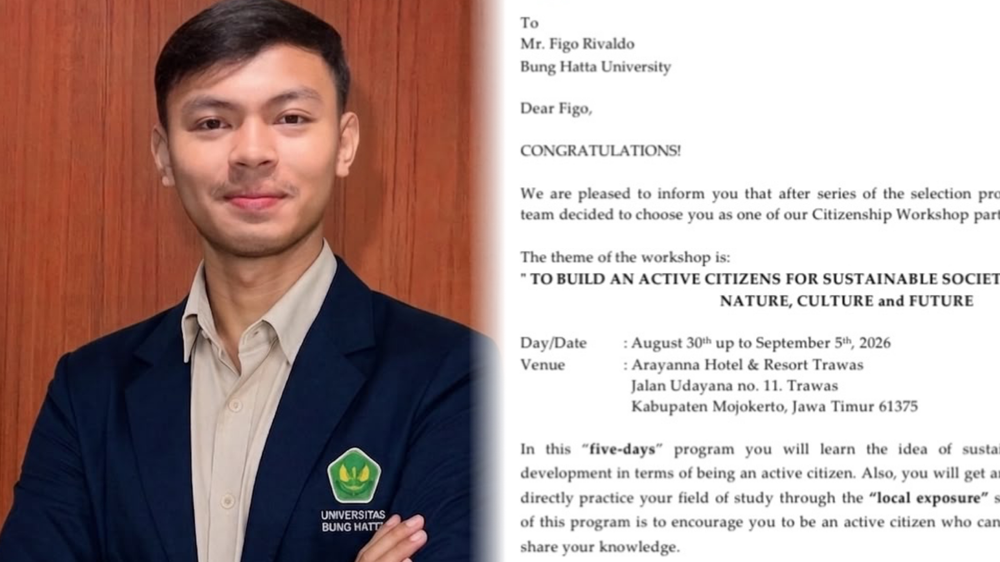 Figo Rivaldo Mahasiswa Teknik Ekonomi Konstruksi Universitas Bung Hatta Terpilih Jadi Peserta Citizenship Workshop VDMI 2026
