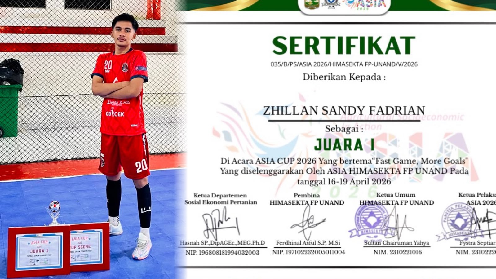 Zhillan Sandy Fadrian mahasiswa TEK Universitas Bung Hatta Juara 1 Top Skor ASIA CUP 2026