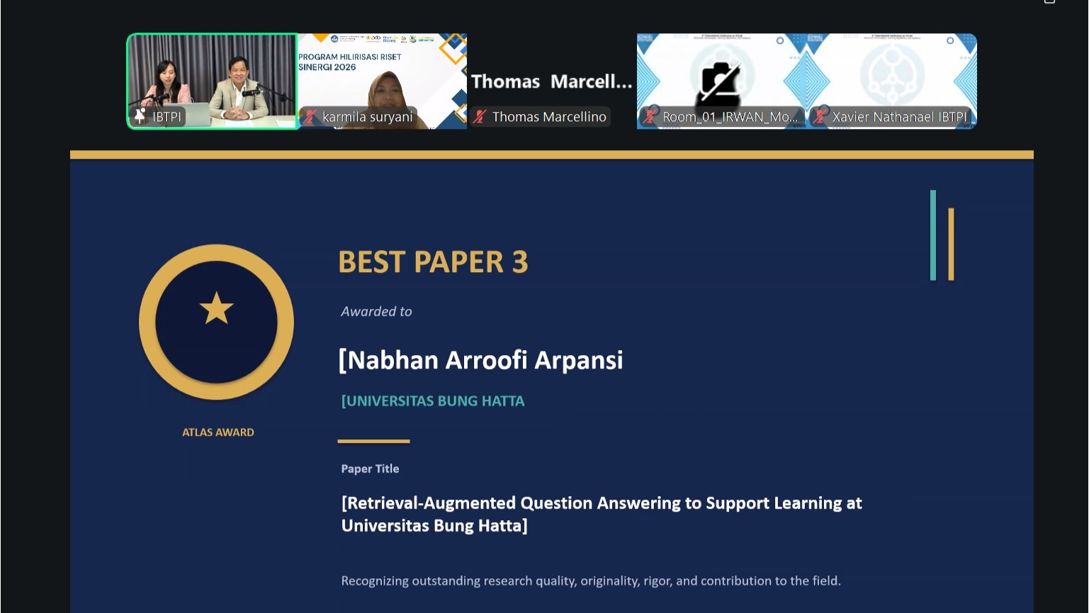 Nabhan Arroofi Arpansi Mahasiswa PTIK Universitas Bung Hatta Juara Best Paper International Conference ATLAS 2026