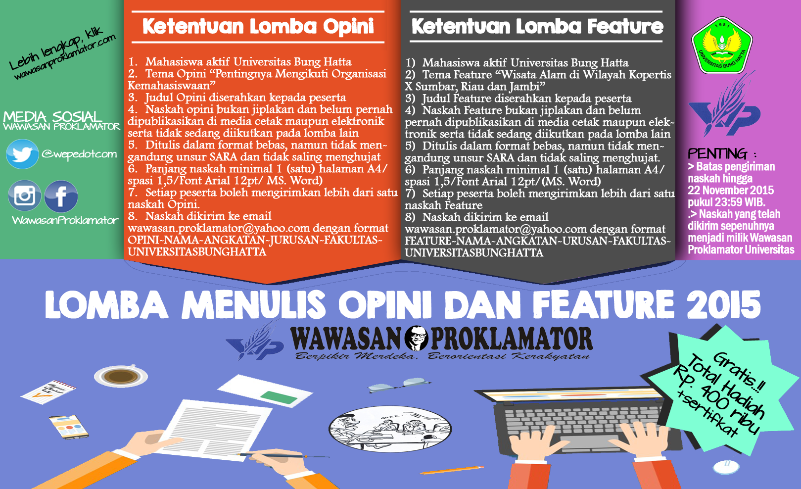 Lomba Menulis Opini dan Feature UKM Wawasan Proklamator Universitas Bung Hatta