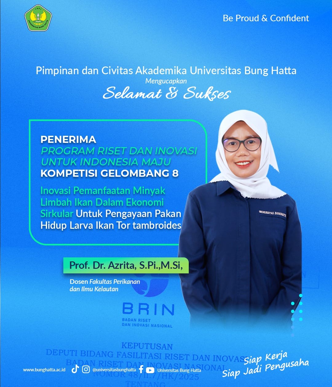 Dosen FPIK-UBH Prof. Dr. Azrita, S.Pi.,M.Si Raih Program Riset Dan Inovasi Untuk Indonesia Maju Badan Riset dan Inovasi Nasional (BRIN)