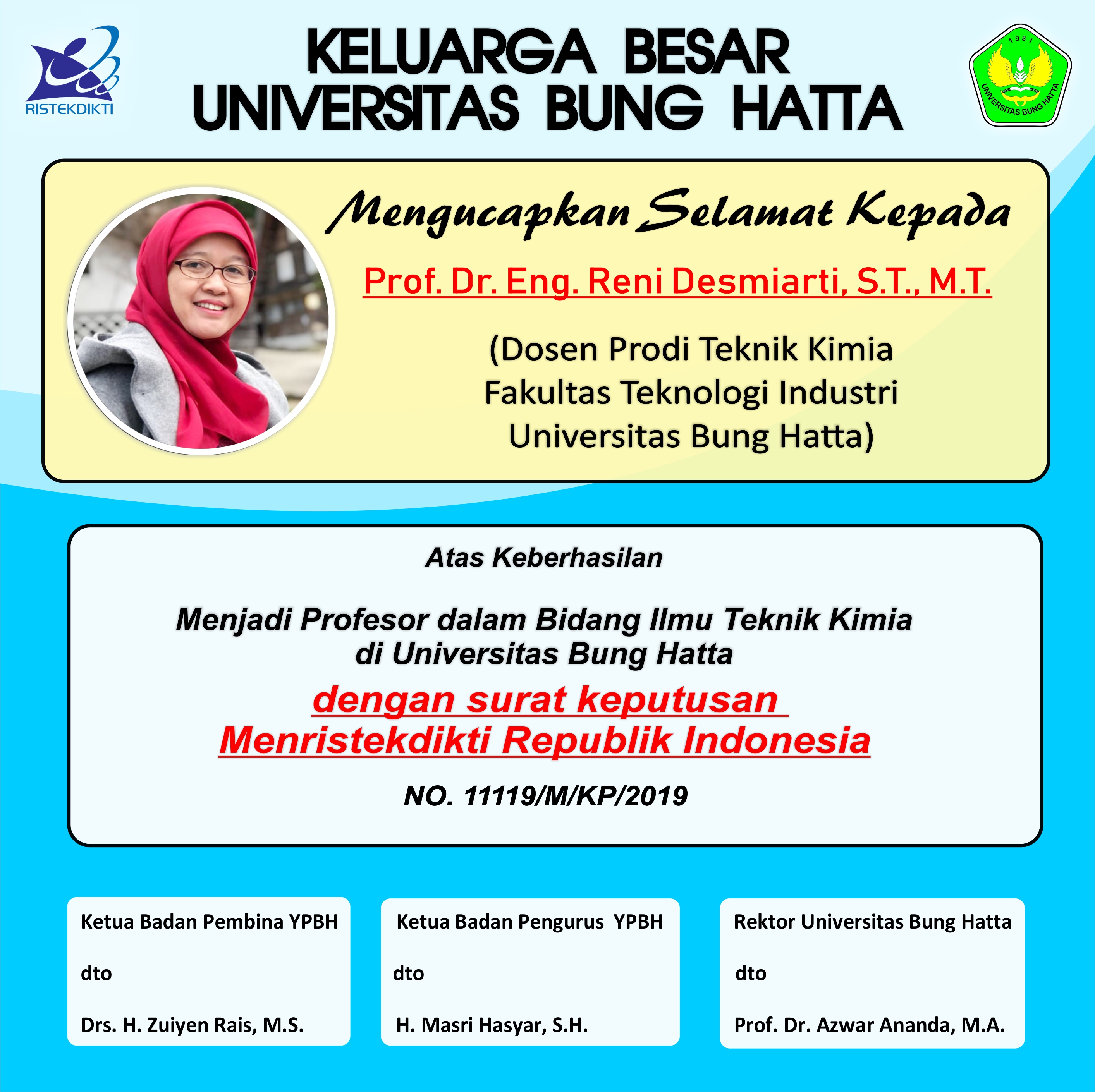Prof. Dr. Eng. Reni Desmiarti, S.T., M.T., Guru Besar Termuda dari Prodi Teknik Kimia FTI UBH