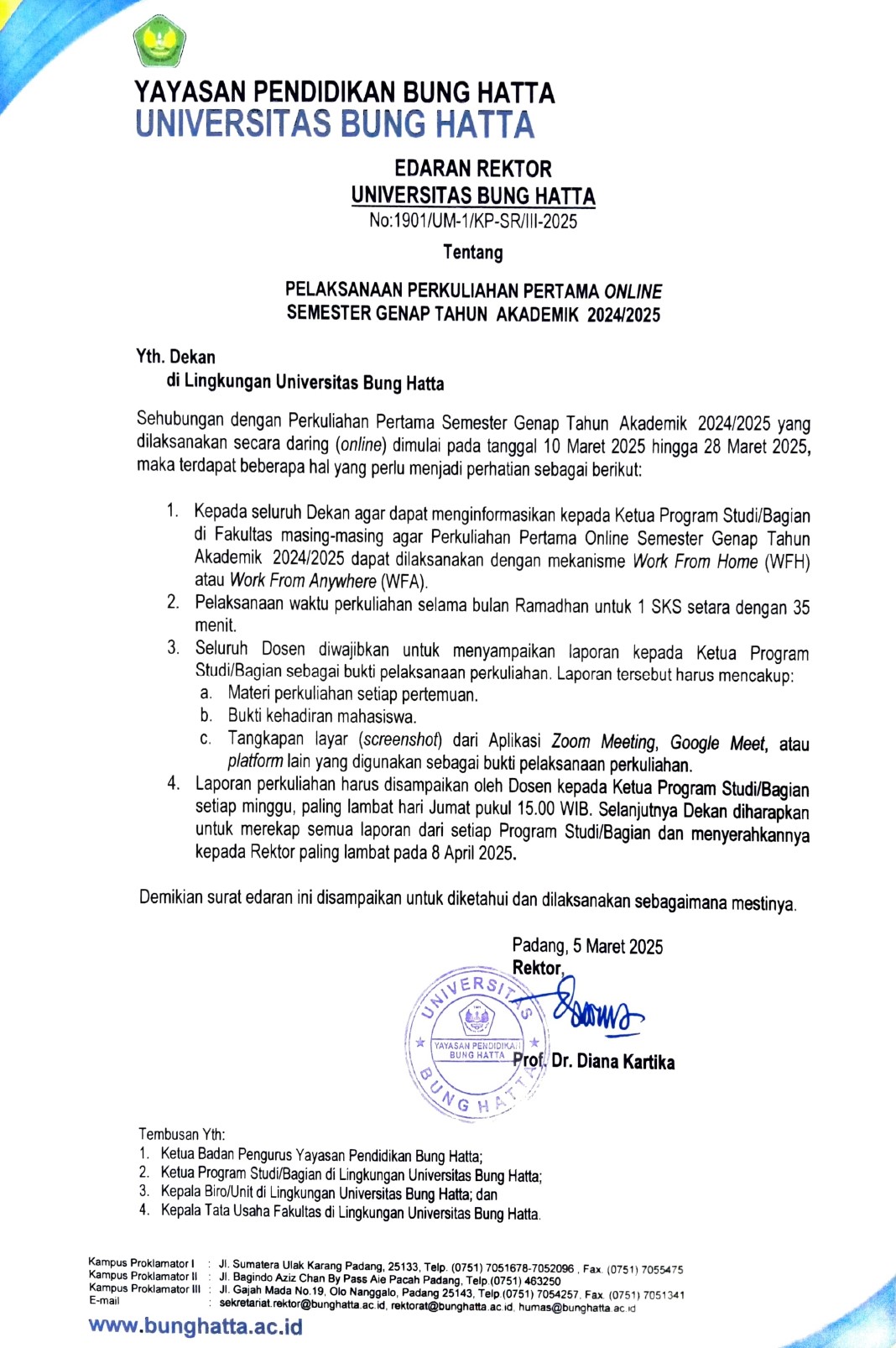 Edaran Rektor Universitas Bung Hatta : Kuliah Dilaksanakan Secara Online Dari 10 Maret - 28 Maret 2025