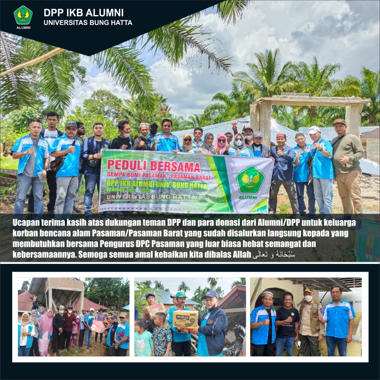 Ikatan Keluarga Besar Alumni (IKBA) Universitas Bung Hatta Salurkan Bantuan Korban Gempa Pasaman