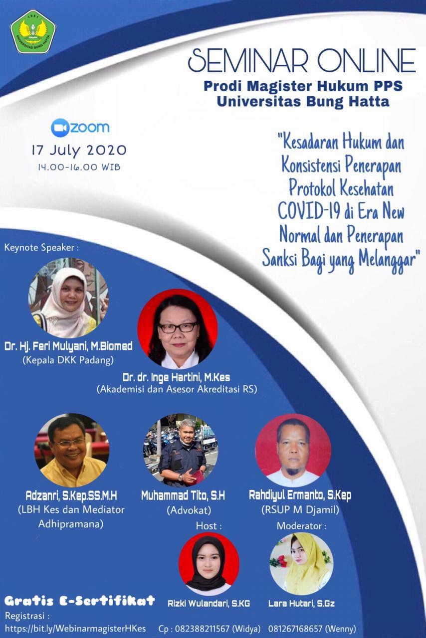 Program Magister Ilmu Hukum Program Pascasarjana Universitas Bung Hatta Menyelenggarakan Web Seminar (Webinar) Nasional Hukum Kesehatan
