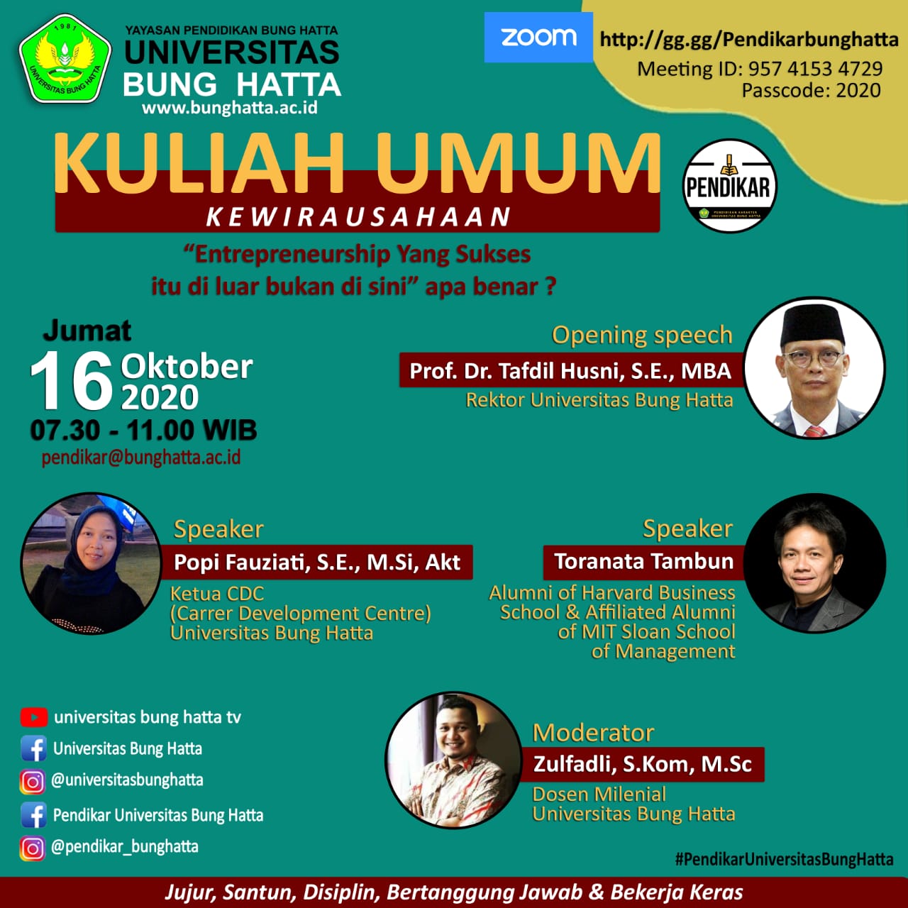 Kuliah Umum Kewirausahaan bagi Seluruh Mahasiswa Universitas Bung Hatta