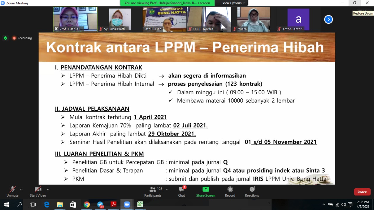 123 Proposal Lolos dalam Pendanaan Penelitian dan PKM LPPM Universitas Bung Hatta Anggaran 2021