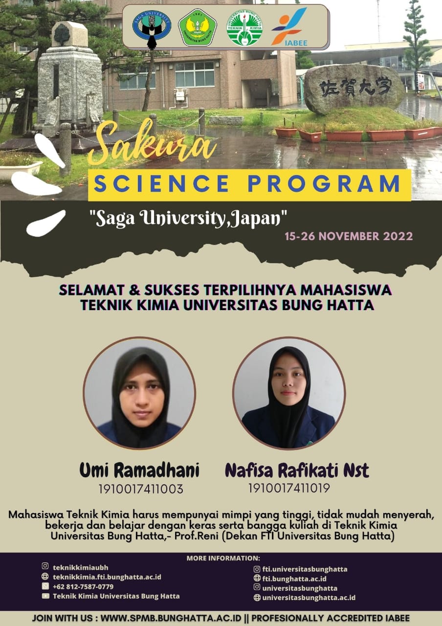 Terpilih Program Sakura Science, Dua Mahasiswa Prodi Teknik Kimia Universitas Bung Hatta Terbang ke Jepang November Mendatang