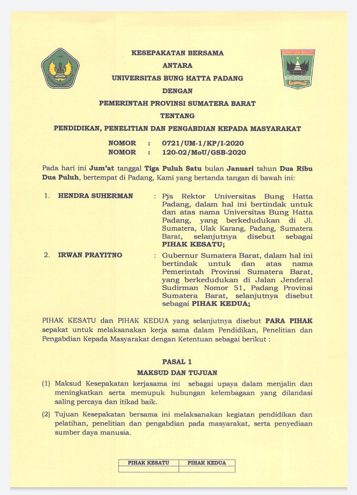 Universitas Bung Hatta Serah Terima Naskah Kerja Sama dengan Provinsi Sumatra Barat