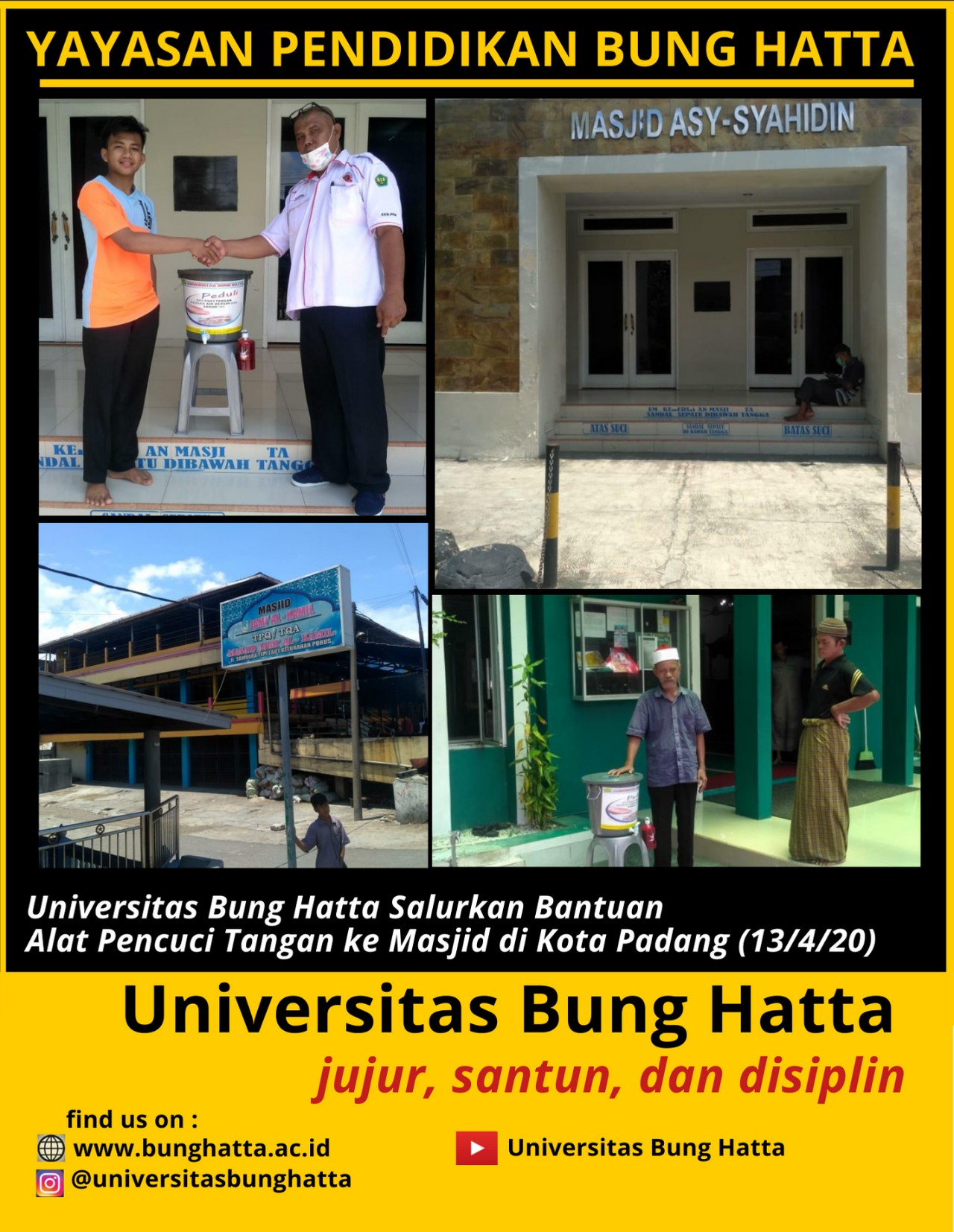 Universitas Bung Hatta Salurkan Bantuan Alat Pencuci Tangan ke Masjid di Kota Padang