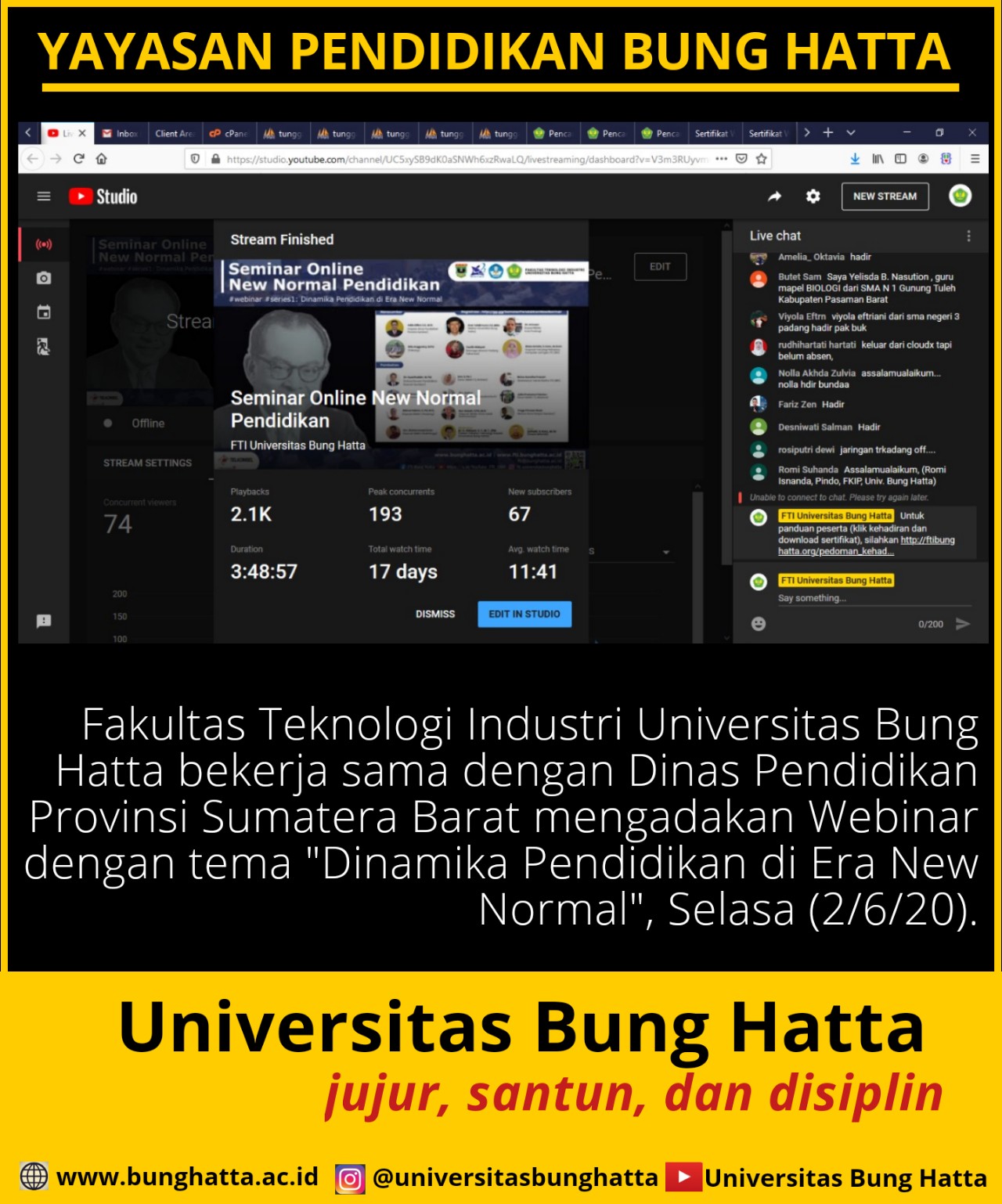 Universitas Bung Hatta dan Dinas Pendidikan Sumbar Sukses Selenggarakan Webinar