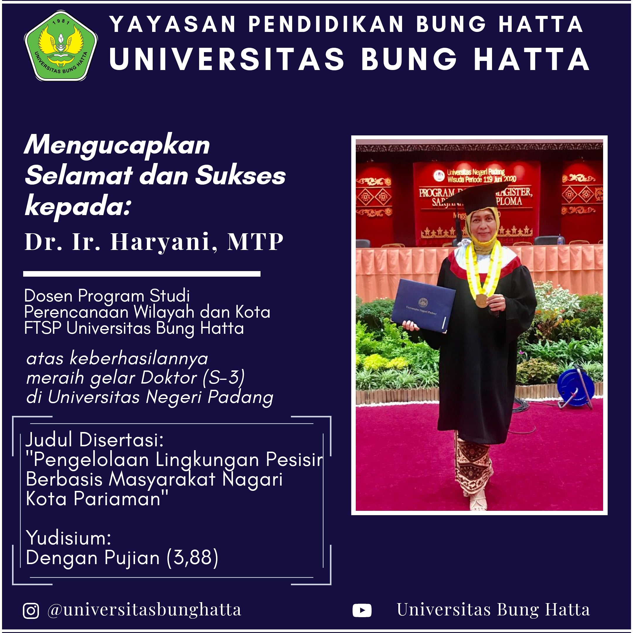 Dr. Ir. Haryani, STP., Dosen Program Studi Perencanaan Wilayah dan Kota Universitas Bung Hatta