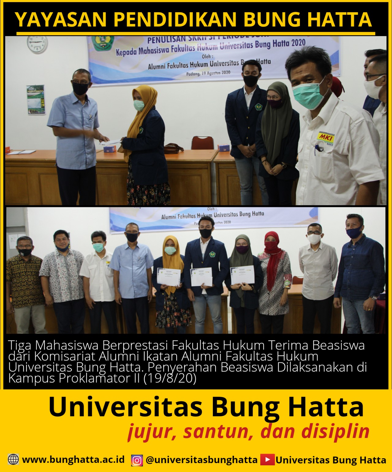 Ikatan Alumni Fakultas Hukum Universitas Bung Hatta Berikan Beasiswa kepada Tiga Mahasiswa Berprestasi