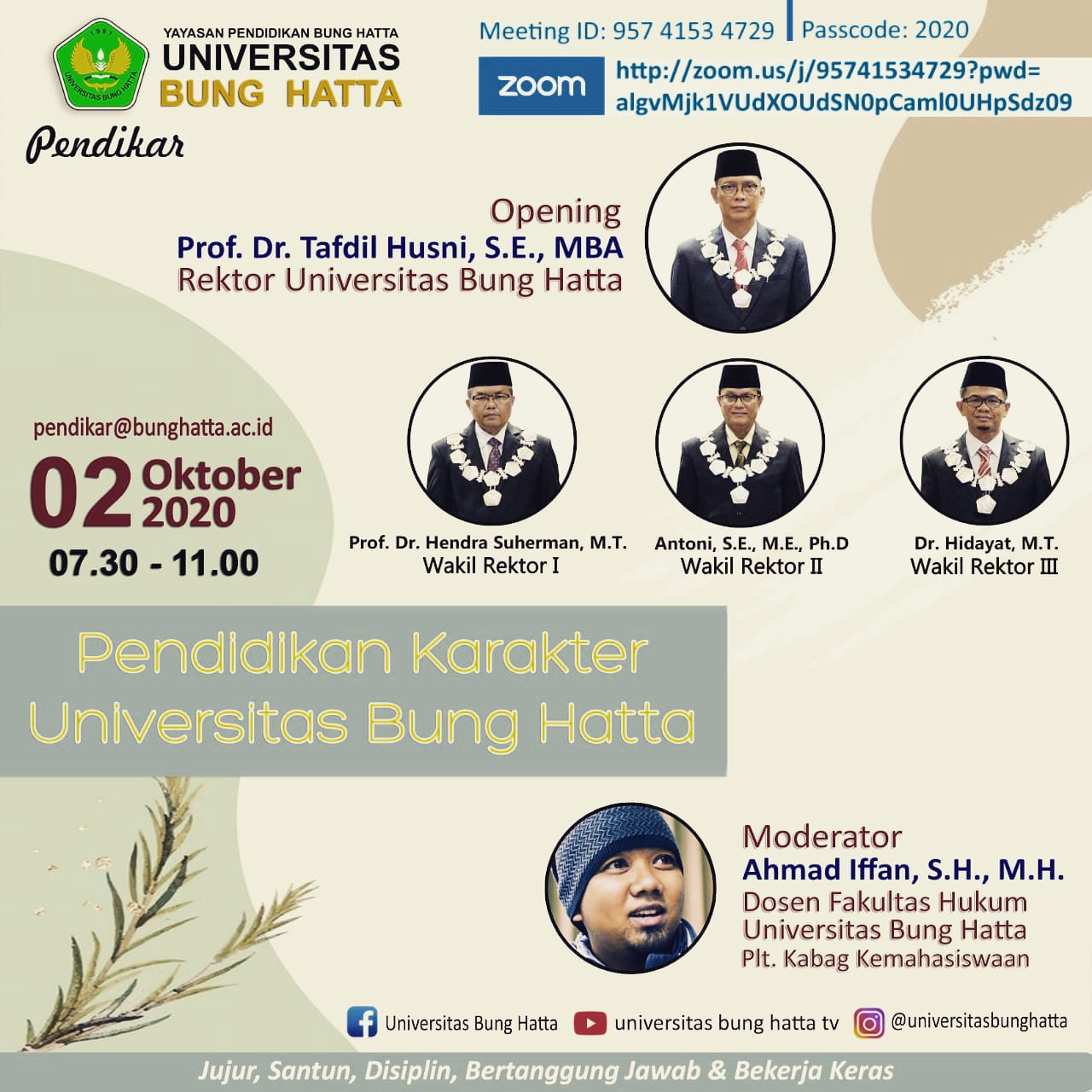 Peluncuran Kegiatan Pendidikan Karakter Universitas Bung Hatta (PENDIKAR) bagi Mahasiswa Baru Angkatan 2020