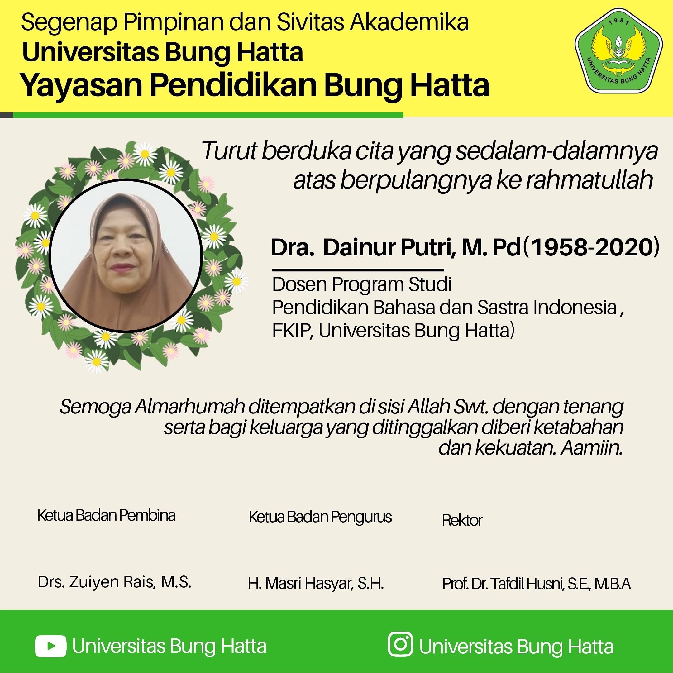 Kabar Duka: Dra. Dainur Putri, M. Pd. Tutup Usia