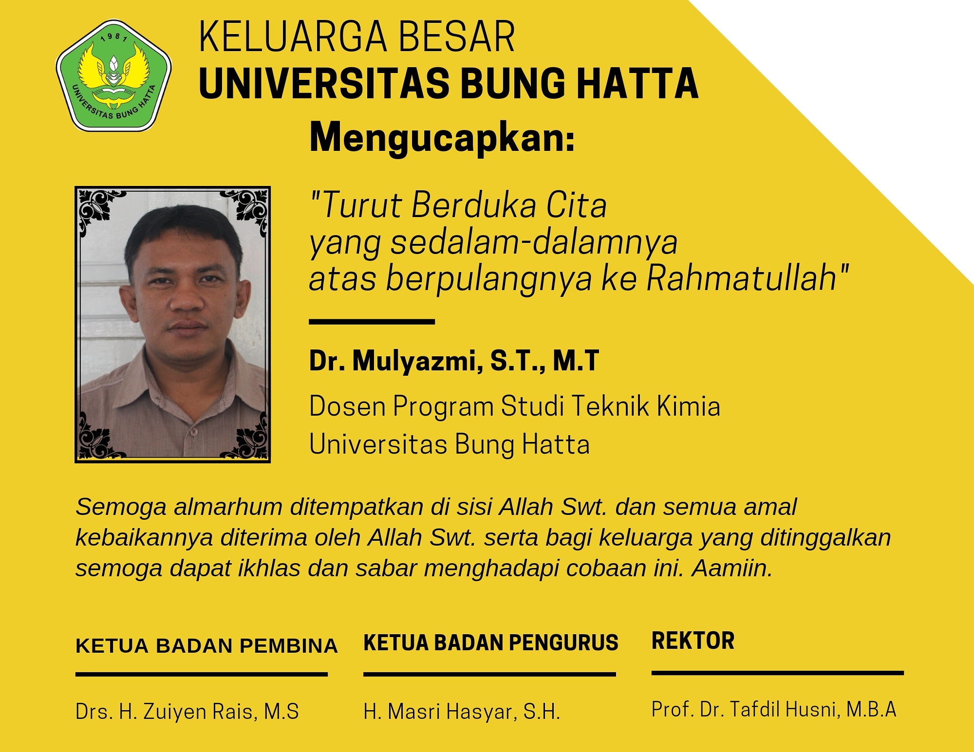 Dr. Mulyazmi, S.T., M.T. Tutup Usia (1976-2020)