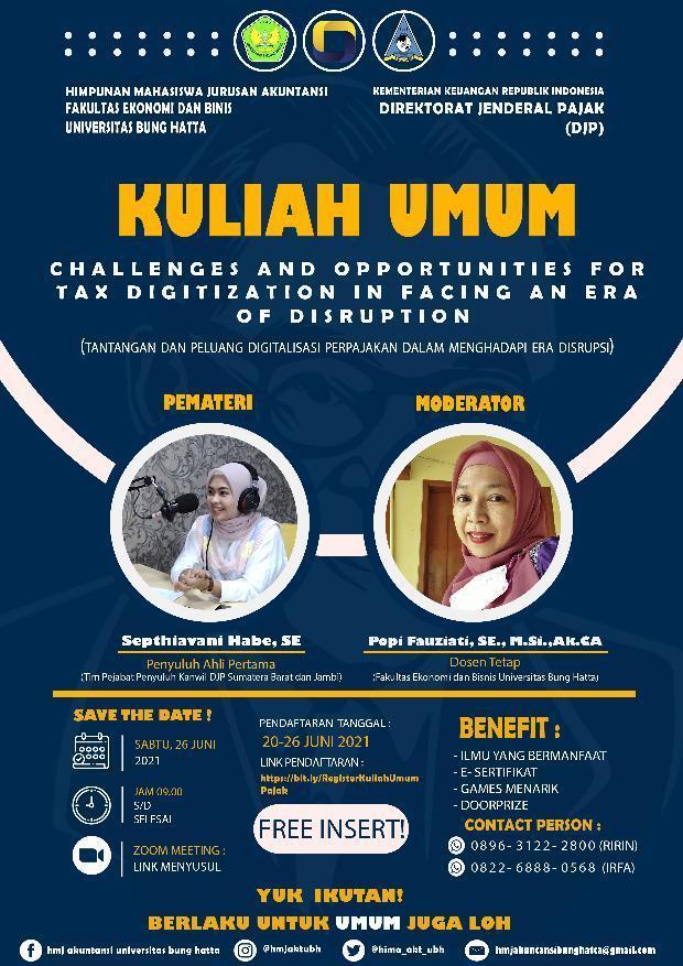 Mari Ikuti Kuliah Umum Pajak Bersama Tim Pejabat Penyuluh  Kanwil DJP Sumatera Barat dan Jambi