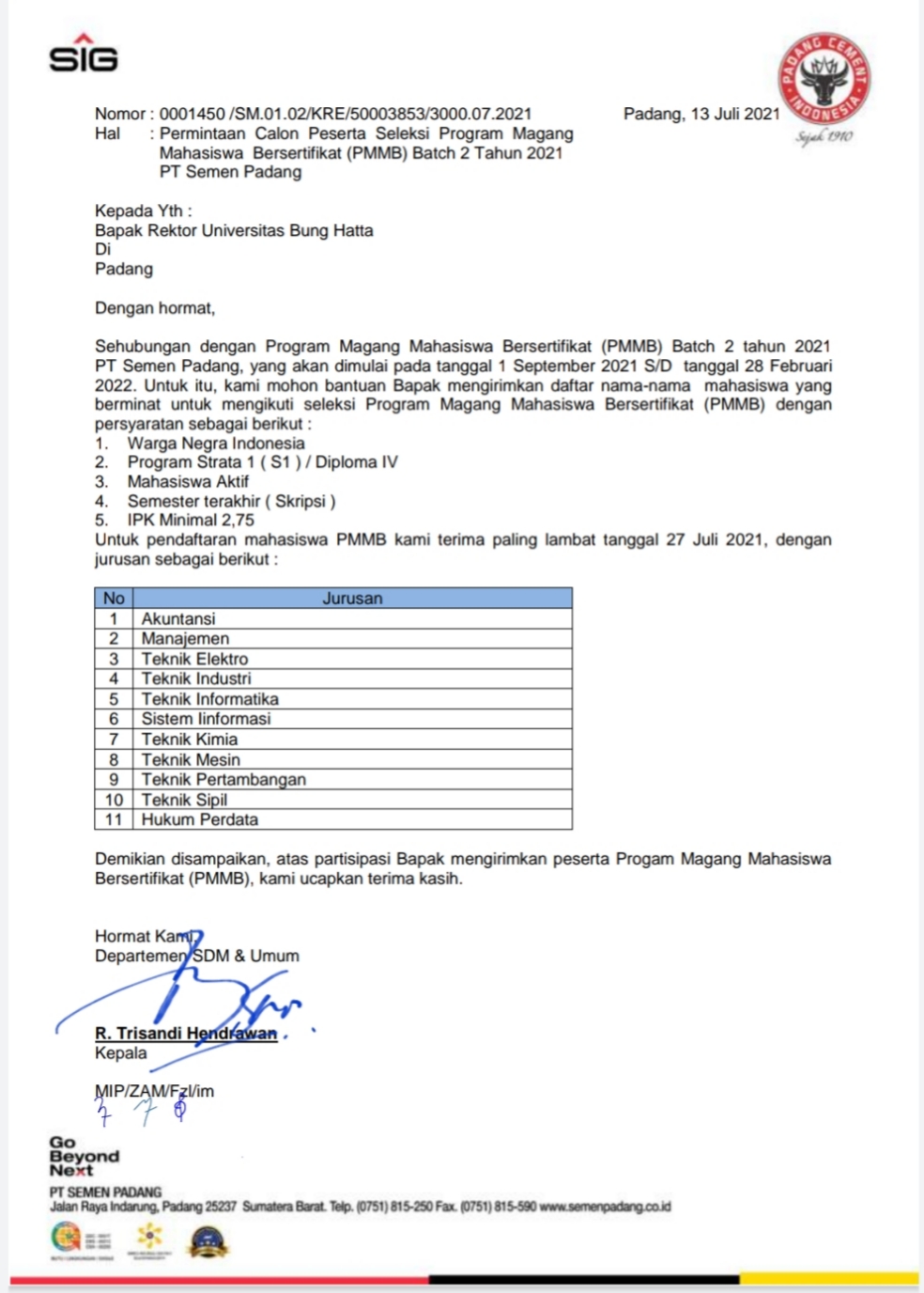 Daftarkan Diri Anda pada PMMB Batch II PT Semen Padang