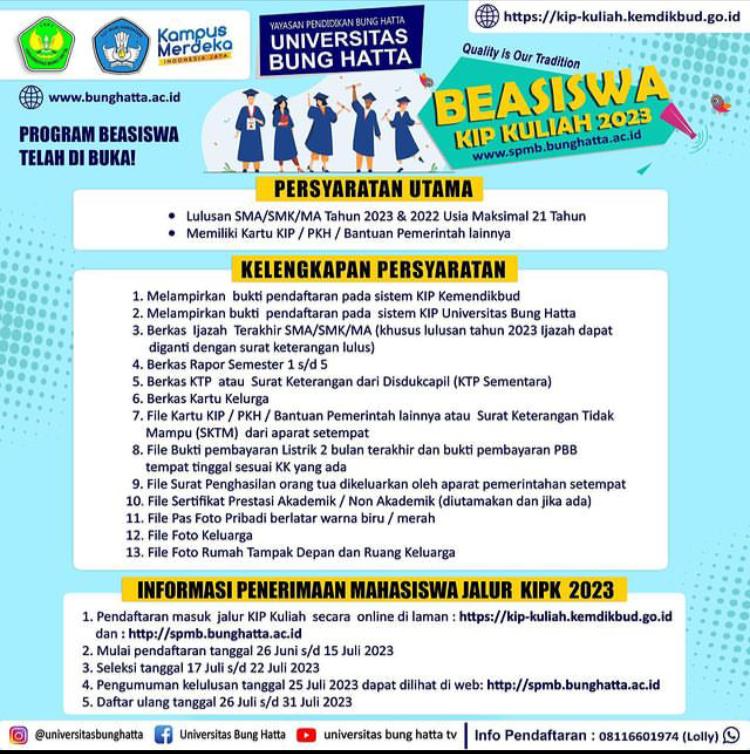 Pendaftaran Mahasiswa Baru Universitas Bung Hatta Jalur Beasiswa KIP- Kuliah Tahun 2023