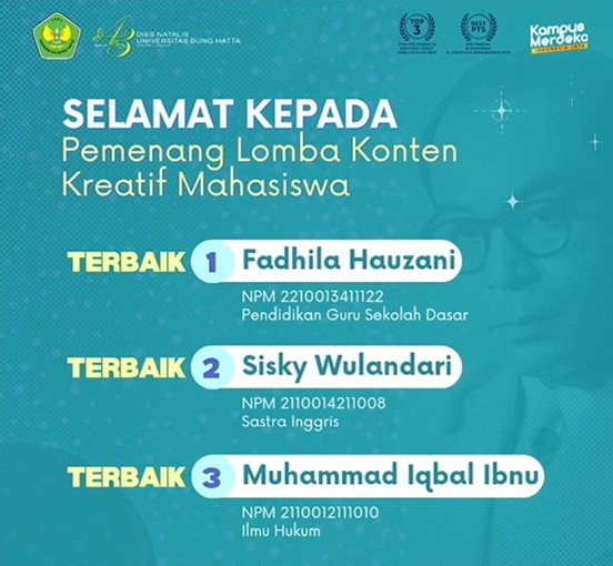 Pengumuman Pemenang Lomba Konten Kreatif Mahasiswa " A Day in My Life Bung Hatta Muda