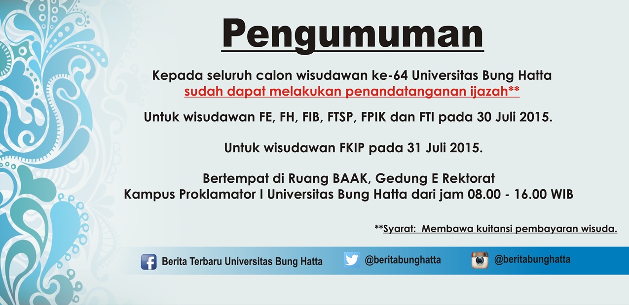 Informasi Penandatanganan Ijazah Wisuda ke-64 Universitas Bung Hatta