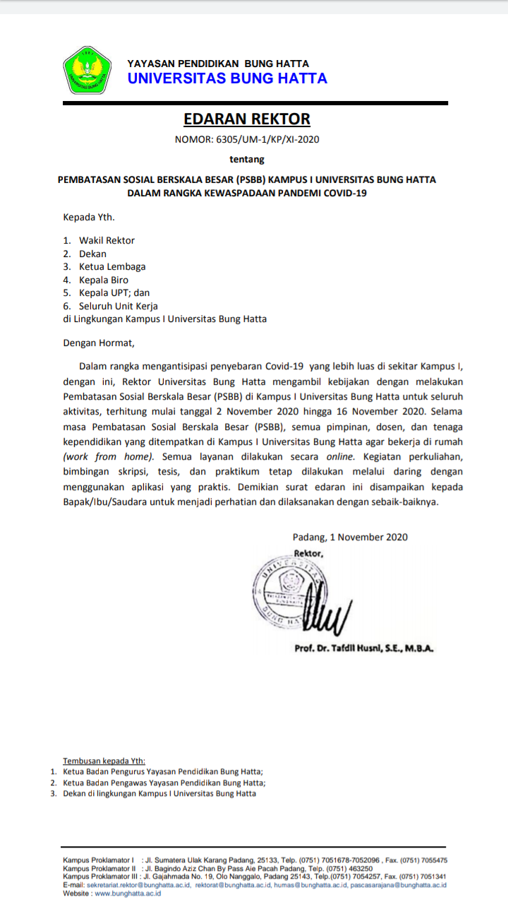 Edaran Rektor tentang Pembatasan Sosial Berskala Besar di Kampus I Universitas Bung Hatta