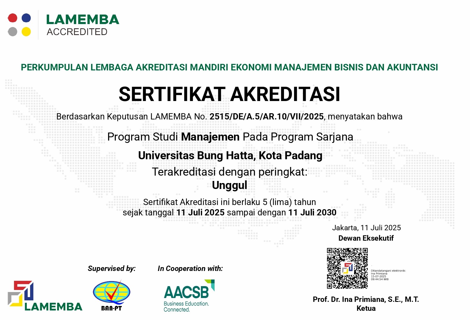 Prodi Manajemen Fakultas Ekonomi dan Bisnis Universitas Bung Hatta Raih Peringkat Akreditasi UNGGUL